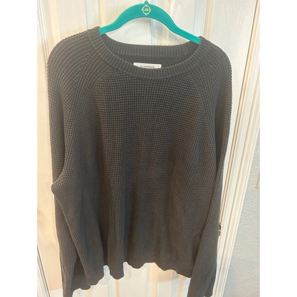 REI Co-op Sweater Charcoal Gray Waffle Knit Cotton Raglan Pullover Crewneck Mens